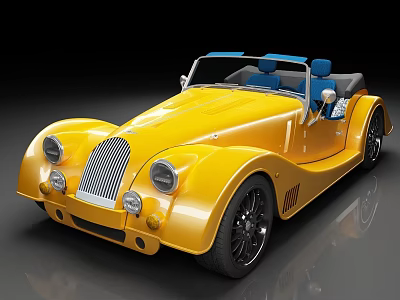 Yellow Vintage Convertible Car With Blue Seats Classic Front Design And Black Wheels 3d model