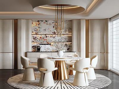 Elegant Restaurant Interior With Round Dining Table White Chairs Gold Legs And Decorative Backdrop Wall 3d model