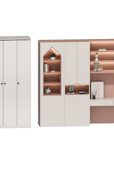 Modern Wardrobe With White Blue Pink Accents Glass Door Storage Shelves And Decorative Compartments 3d model