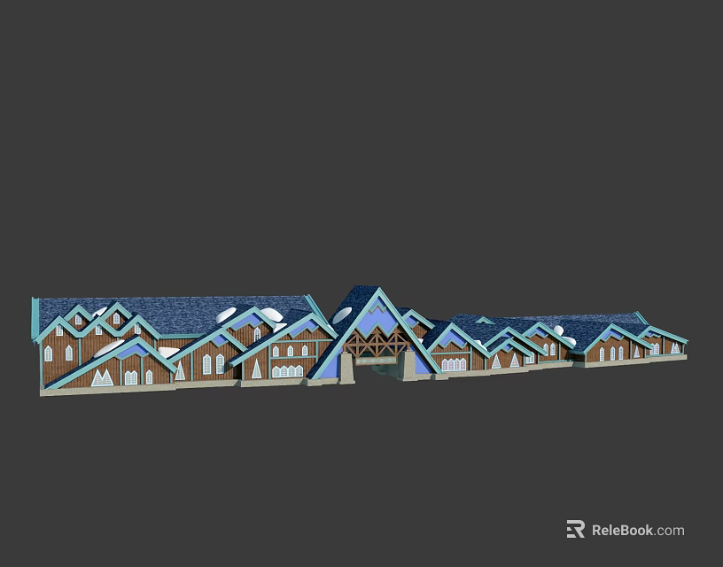 Wooden Houses Complex With Connected Blue Roofs And Multiple Architectural Structures 3d model 