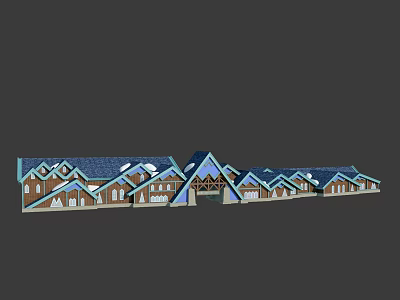 Wooden Houses Complex With Connected Blue Roofs And Multiple Architectural Structures 3d model