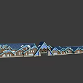 Wooden Houses Complex With Connected Blue Roofs And Multiple Architectural Structures