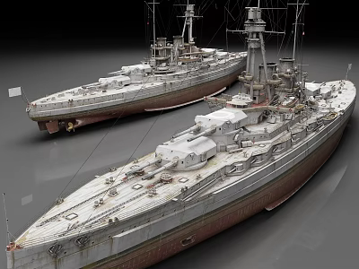 Two Vintage Battleships With Large Turrets Masts And Rusted Hull Structures 3d model