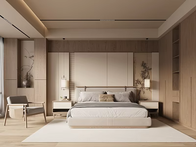 Modern Bedroom Interior Design With Wooden Accents Comfortable Bed Nightstands And White Rug 3d model