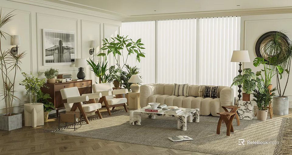 Modern Living Room Interior With Beige Sofa White Chairs Green Plants And Large Windows 3d model 
