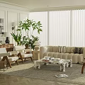 Modern Living Room Interior With Beige Sofa White Chairs Green Plants And Large Windows