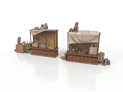 Two Traditional Wooden Market Stalls With Canvas Awnings And Displayed Goods 3d model