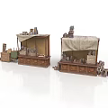 Two Traditional Wooden Market Stalls With Canvas Awnings And Displayed Goods