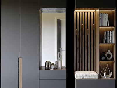 Contemporary Shoe Cabinet With Mirror Open Shelves And Modern Storage Design 3d model