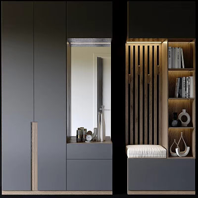 Contemporary Shoe Cabinet With Mirror Open Shelves And Modern Storage Design 3d model