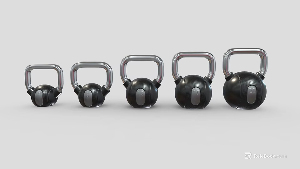 Sports Equipment Black Kettlebells In Various Sizes With Metal Handles For Fitness Training 3d model 