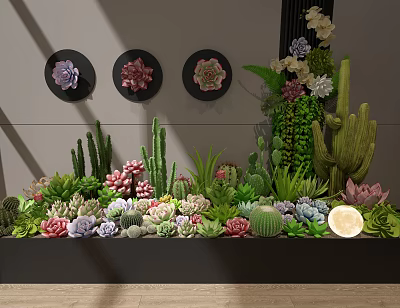 Lush Garden With Various Succulents Cacti Decorative Plates And Fresh Lemon 3d model