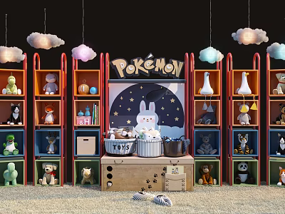 Colorful Pokémon Plush Toys Display with Rabbit Doll in Center and Cloud Pendant Lights 3d model