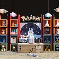 Colorful Pokémon Plush Toys Display with Rabbit Doll in Center and Cloud Pendant Lights