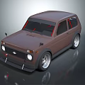 Brown Vintage Compact Car With Red Window Accents And Stylish Alloy Wheels