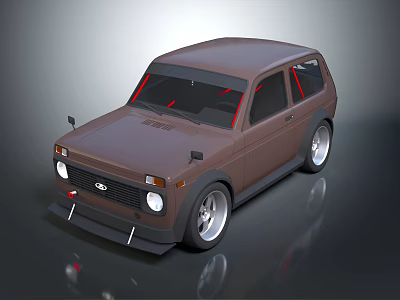 Brown Vintage Compact Car With Red Window Accents And Stylish Alloy Wheels 3d model