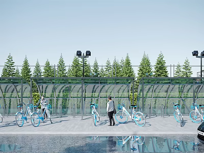 Outdoor Bike Shelter with Rows of Shared Bikes Person Standing Trees and Street Lamps 3d model