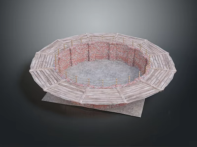 Cartoon Style Circular Arena Scene With Red Brick Walls Wooden Stands And Gray Floor 3d model