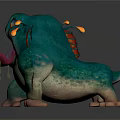 Teal Fantasy Monster With Large Eyes Open Mouth Sticking Tongue Green Orange Slime And Fins