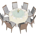 Modern Round Dining Table Set With Eight Chairs Tableware And Flower Vase 3d model