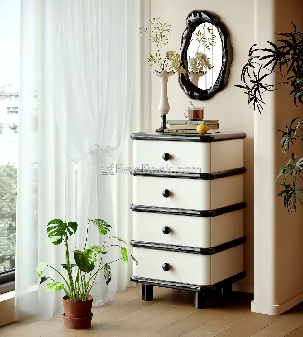 Cream Style Decorative Side Cabinet Vase Ornaments Combination Decorative Mirror Plant 3d model