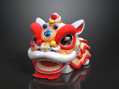 Traditional Chinese Lion Dance Head Sculpture With Red White Color And Gemstone Decorations 3d model