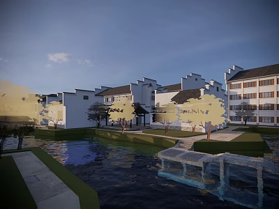 Traditional Chinese Architecture Community With White Walls Black Tiled Roofs Stream Trees And Pedestrians 3d model