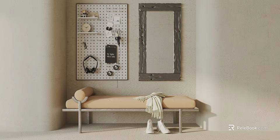 Beige Sofa Bench With Metal Frame Knitted Blanket And Pegboard Mirror Decor 3d model 