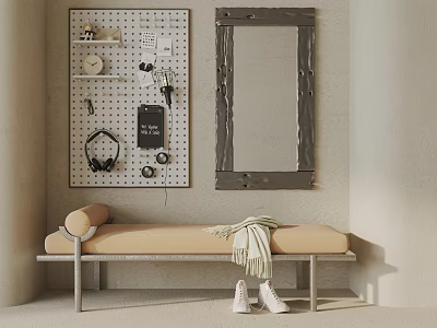 Beige Sofa Bench With Metal Frame Knitted Blanket And Pegboard Mirror Decor 3d model