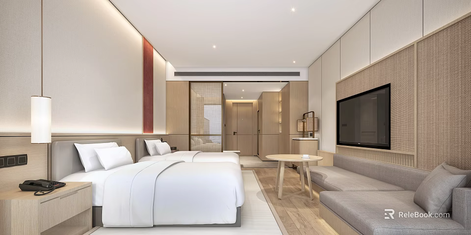 Modern Hotel Guest Room Interior With Twin Beds White Bedding Sofa And TV 3d model 