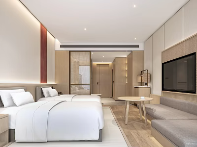 Modern Hotel Guest Room Interior With Twin Beds White Bedding Sofa And TV 3d model