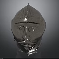 Ancient Metal Weapon Helmet with Shiny Silver Surface and Detailed Facial Features