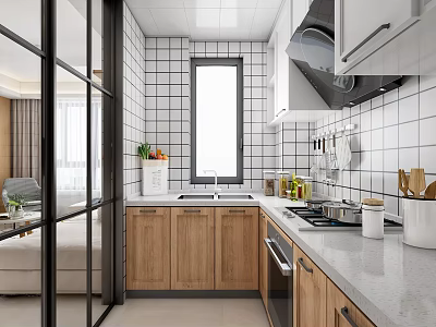 Modern Kitchen Interior Design With White Tile Walls Wooden Cabinets Gray Countertop And Window 3d model