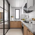 Modern Kitchen Interior Design With White Tile Walls Wooden Cabinets Gray Countertop And Window