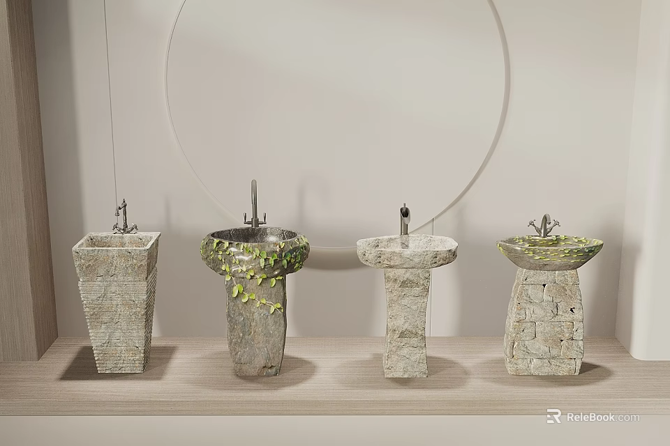Unique Stone Sinks With Green Accents And Different Designs On Wooden Shelf 3d model 