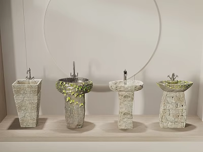 Unique Stone Sinks With Green Accents And Different Designs On Wooden Shelf 3d model