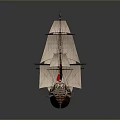 Vintage Sailing Ship With Multiple White Sails Colorful Flags Wooden Hull And Calm Water Reflection