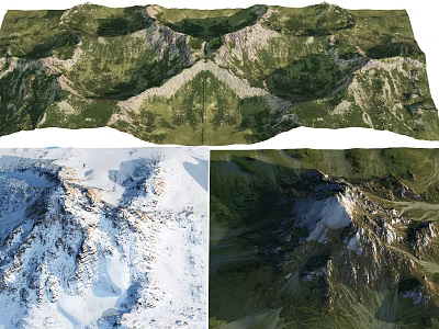 Natural Garden Landscape With Green Mountain Terrain Snow Covered Peaks And Aerial Views 3d model