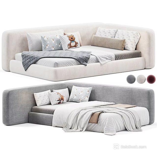 Soft Upholstered Kids Bed With Pillows Teddy Bear And Cozy Blanket In Multiple Colors 3d model 