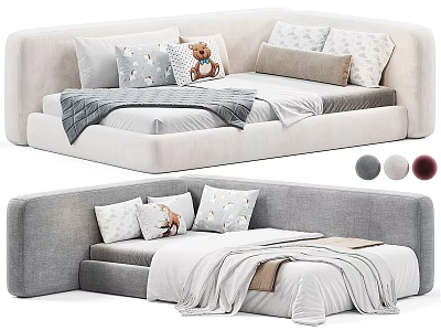 Soft Upholstered Kids Bed With Pillows Teddy Bear And Cozy Blanket In Multiple Colors 3d model