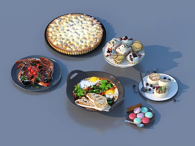 Assorted Delicious Food Plates With Pizza Seafood Omelette Desserts And Fruits 3d model