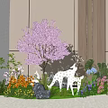 Lush Flowers And Plants Display With Purple Cherry Blossom Tree White Deer Statues Stone And Green Lawn