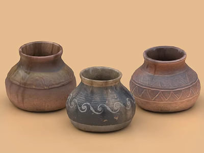 Three Traditional Ceramic Pots Featuring Geometric and Scroll Decorative Patterns in Earth Tones 3d model