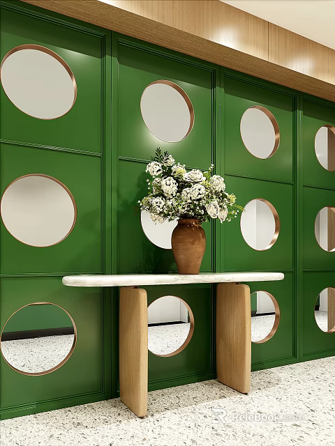 Green Partition With Circular Cutouts And White Tabletop Vase Of White Flowers 3d model 