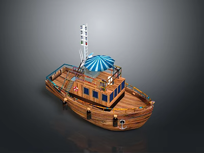 Wooden Boat Model With Blue Umbrella Deck Cabin And Flag Structure 3d model
