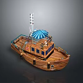Wooden Boat Model With Blue Umbrella Deck Cabin And Flag Structure