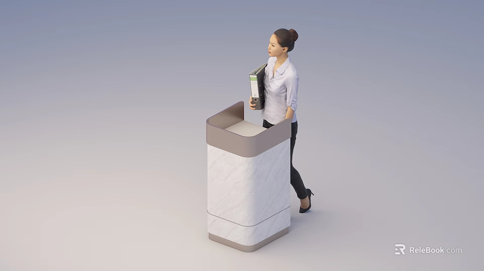 Modern Reception Desk with white marble surface and woman holding folder approaching 3d model 