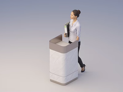 Modern Reception Desk with white marble surface and woman holding folder approaching 3d model