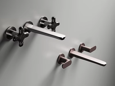 Modern Wall Mounted Faucets Featuring Brushed Metal and Bronze Handles in Contemporary Bathroom Design 3d model
