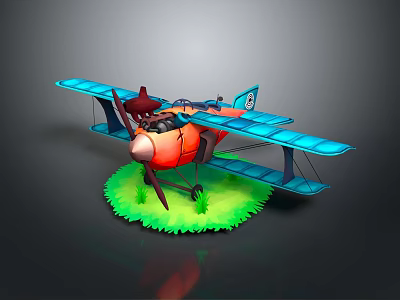 Vintage Biplane Airplane with Red Propeller Orange Body Blue Wings on Green Grass 3d model